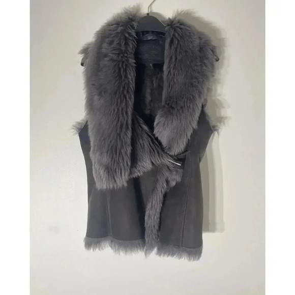 ALL SAINTS Genuine Toscana Shearling Luxe Vest Gillet UK 10 US 6 Brown Gray - Picture 1 of 8